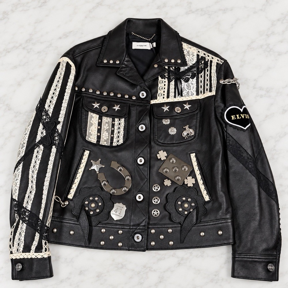 Coach 1941 x Elvis Leather Jacket Embellished Moto Studded Runway Womens XS BLK